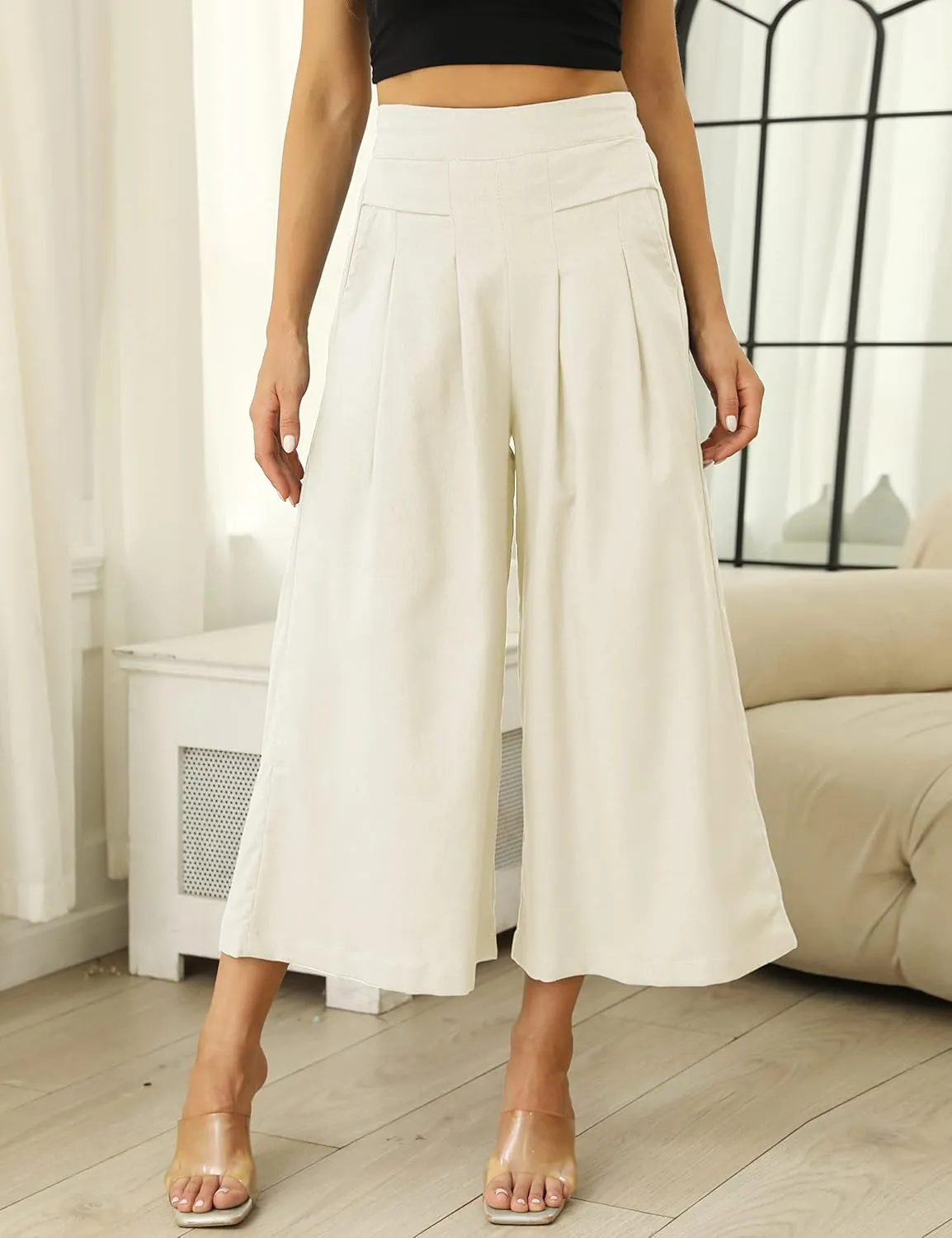 Hooever Women's Cotton Linen Culottes Pants Elastic Waist Wide Leg Palazzo Trousers Capri Pant