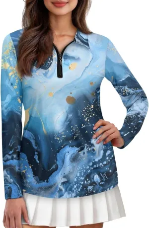 Horeset Blue Marble Print Women Golf Shirts Long Sleeve Workout Long-Sleeve Sweatshirt Loose Fitting Athletic Tops Elastic Activewear, UV Protection