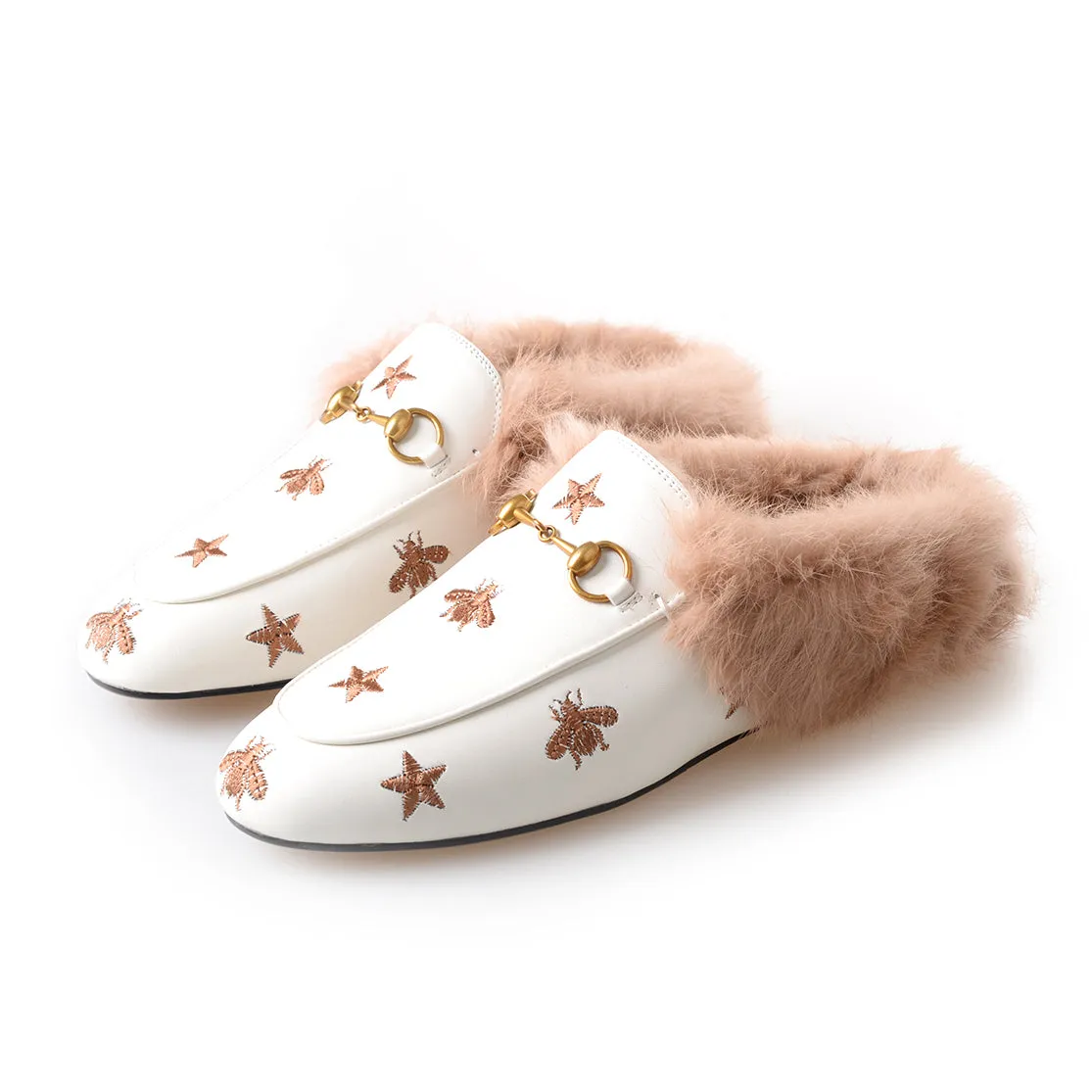 Horsebit Bee Star Embroidered Fur Mule Shoes