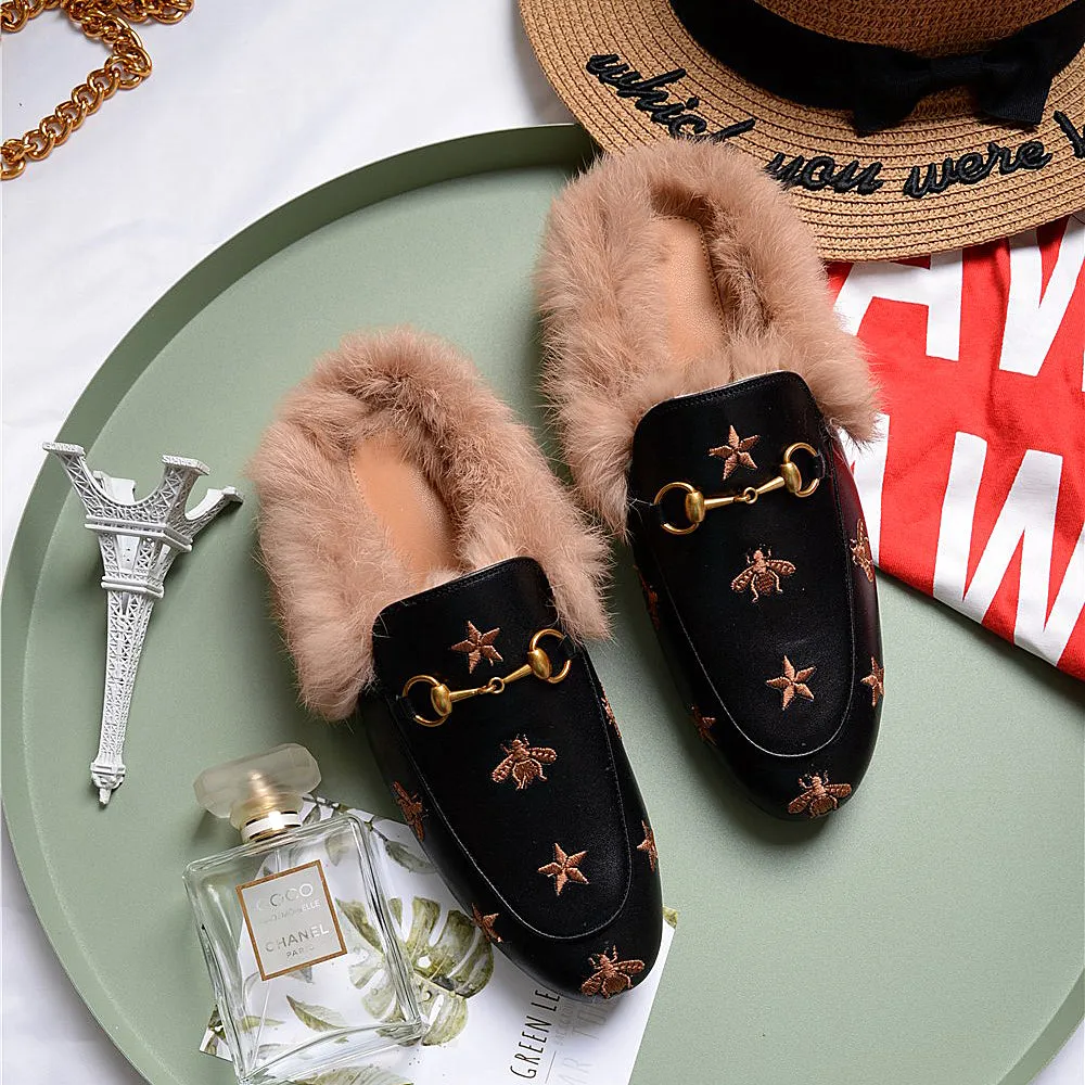 Horsebit Bee Star Embroidered Fur Mule Shoes