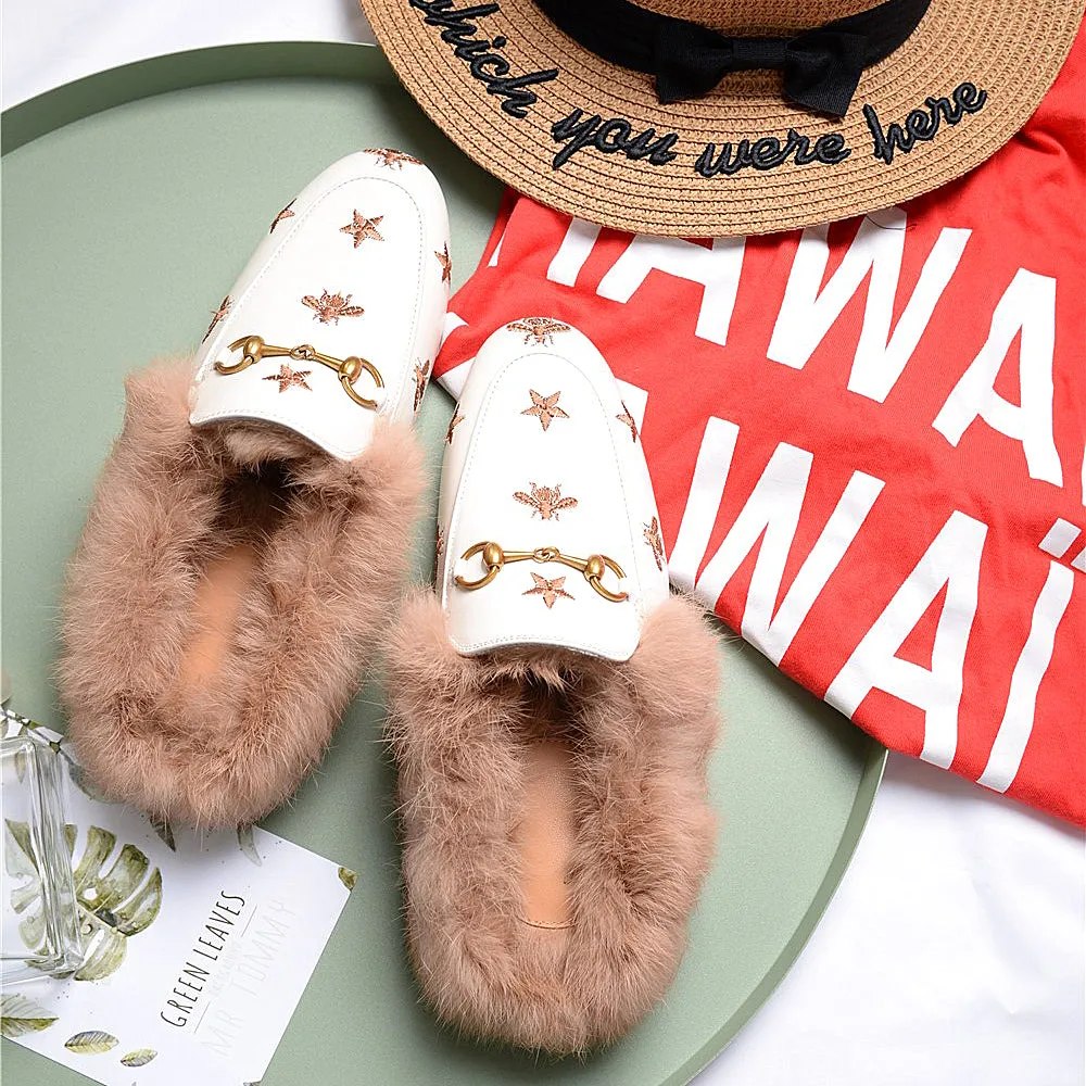Horsebit Bee Star Embroidered Fur Mule Shoes