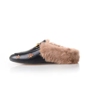 Horsebit Bee Star Embroidered Fur Mule Shoes