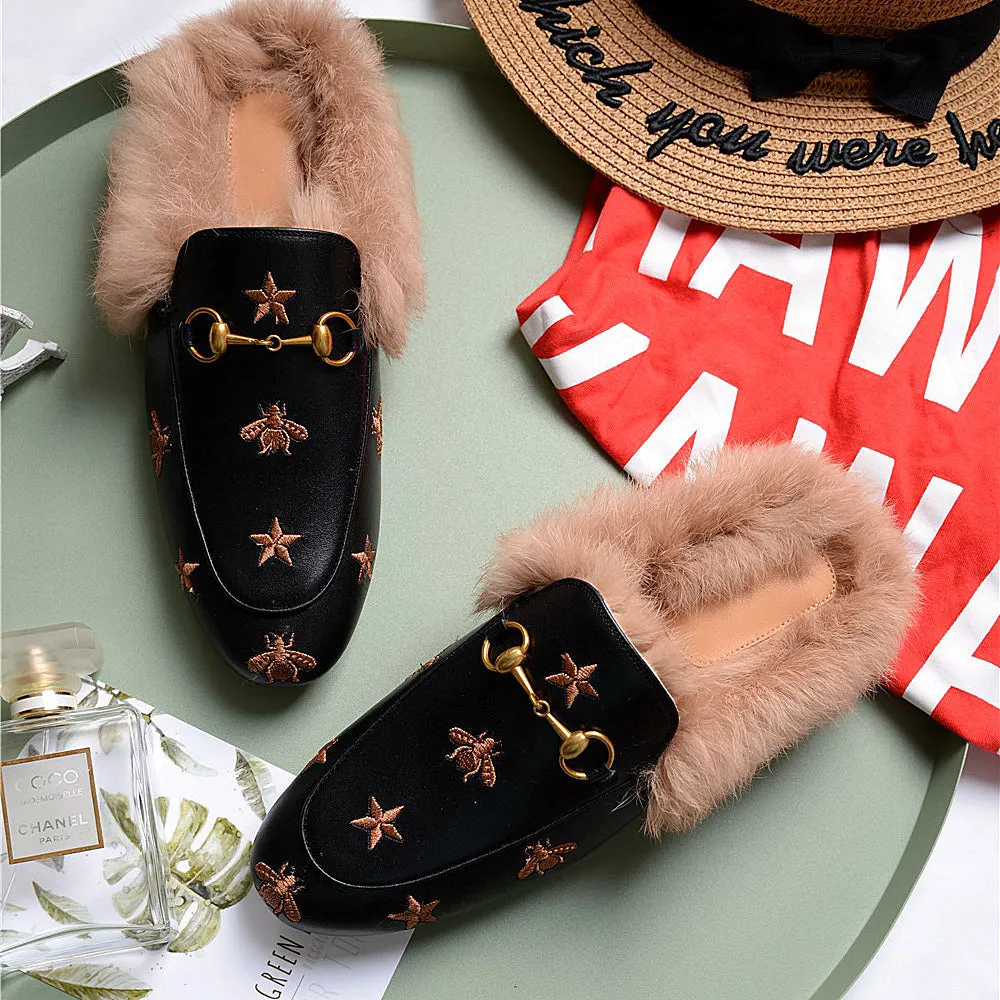 Horsebit Bee Star Embroidered Fur Mule Shoes