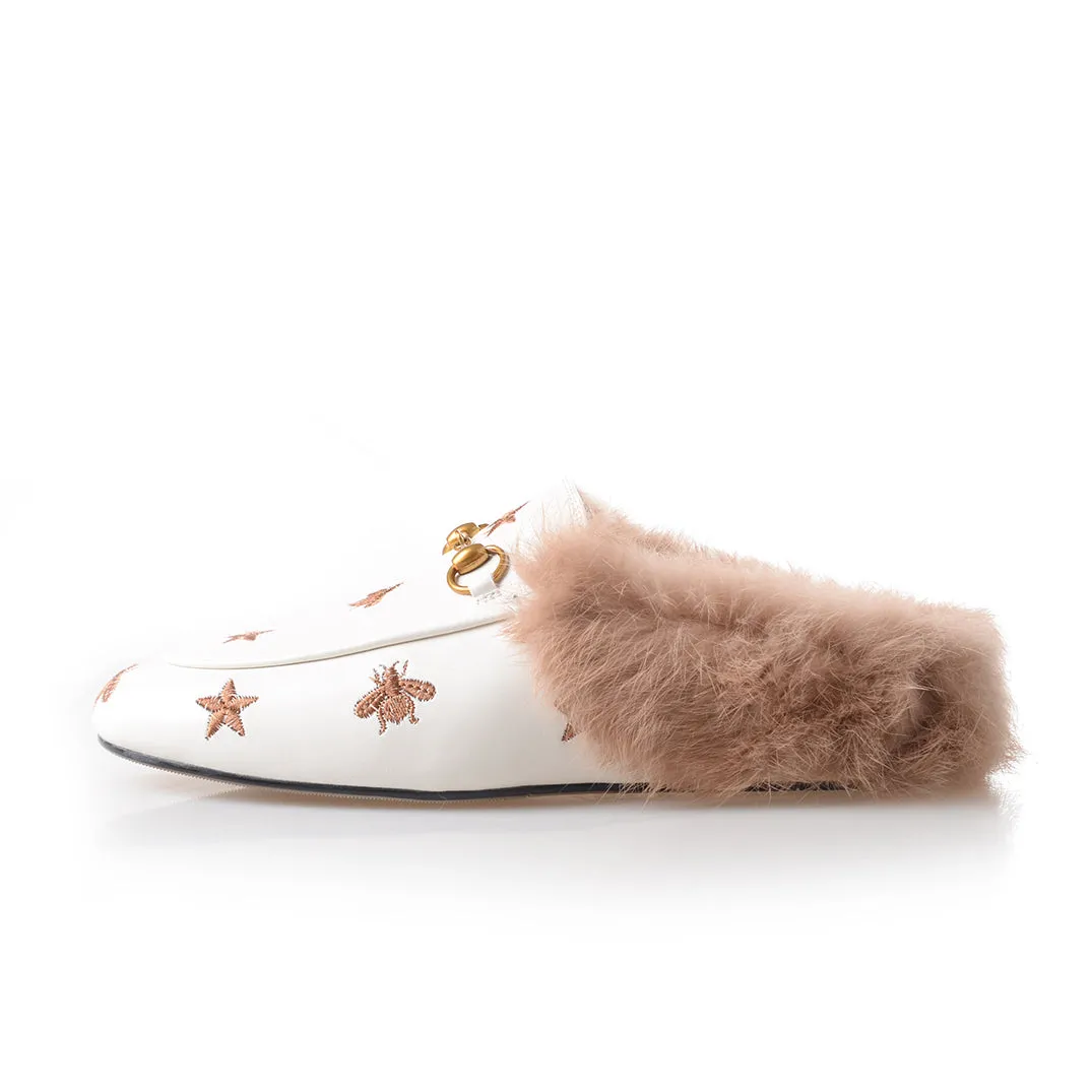 Horsebit Bee Star Embroidered Fur Mule Shoes