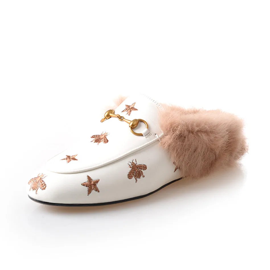 Horsebit Bee Star Embroidered Fur Mule Shoes