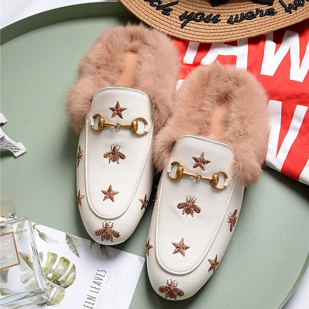 Horsebit Bee Star Embroidered Fur Mule Shoes