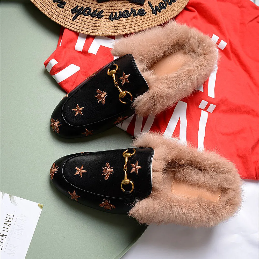Horsebit Bee Star Embroidered Fur Mule Shoes