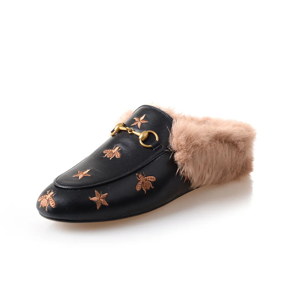 Horsebit Bee Star Embroidered Fur Mule Shoes