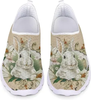 HUIACONG Easter Rabbit Floral Slip-On Flat for Women Mesh Lightweight Running Shoes Size 12.5 Breathable Sneaker Teen Girls Anti-Skid Trainer for Outdoor Travel Jogging