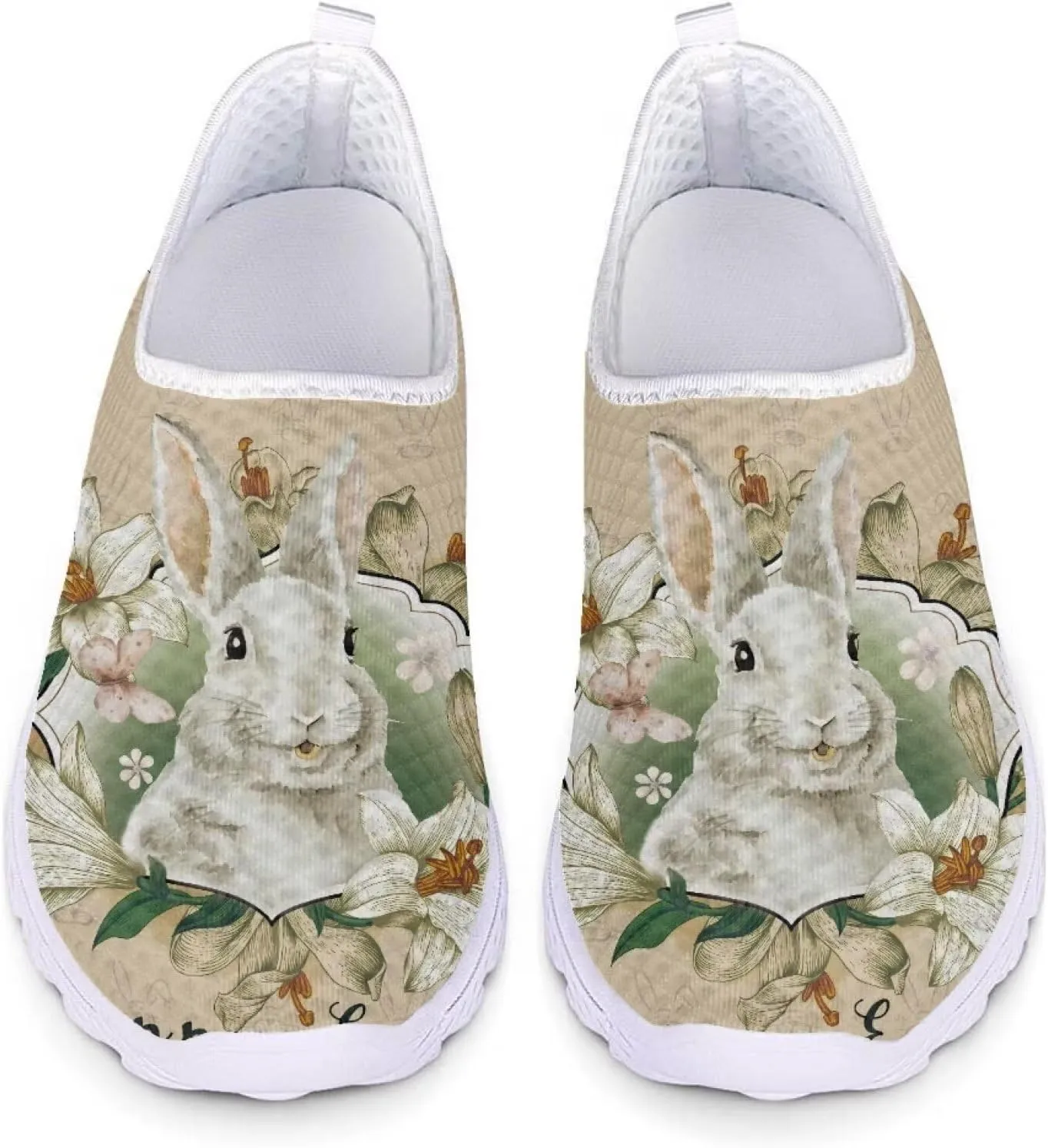 HUIACONG Easter Rabbit Floral Slip-On Flat for Women Mesh Lightweight Running Shoes Size 12.5 Breathable Sneaker Teen Girls Anti-Skid Trainer for Outdoor Travel Jogging