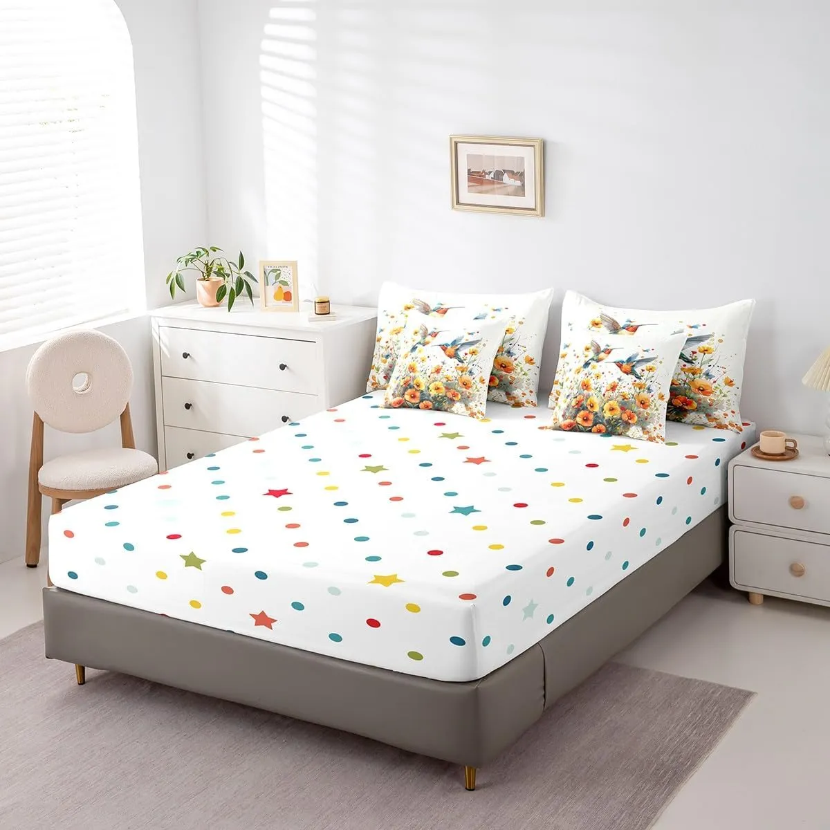 Hummingbird Flowers Comforter Set Full,Tropical Birds Bedding Set 7 Pieces Yellow Botanical Flowers Bed In A Bag for Kids Girls Women Adults Room,Rustic Boho Decor Sheet Set With Comforter