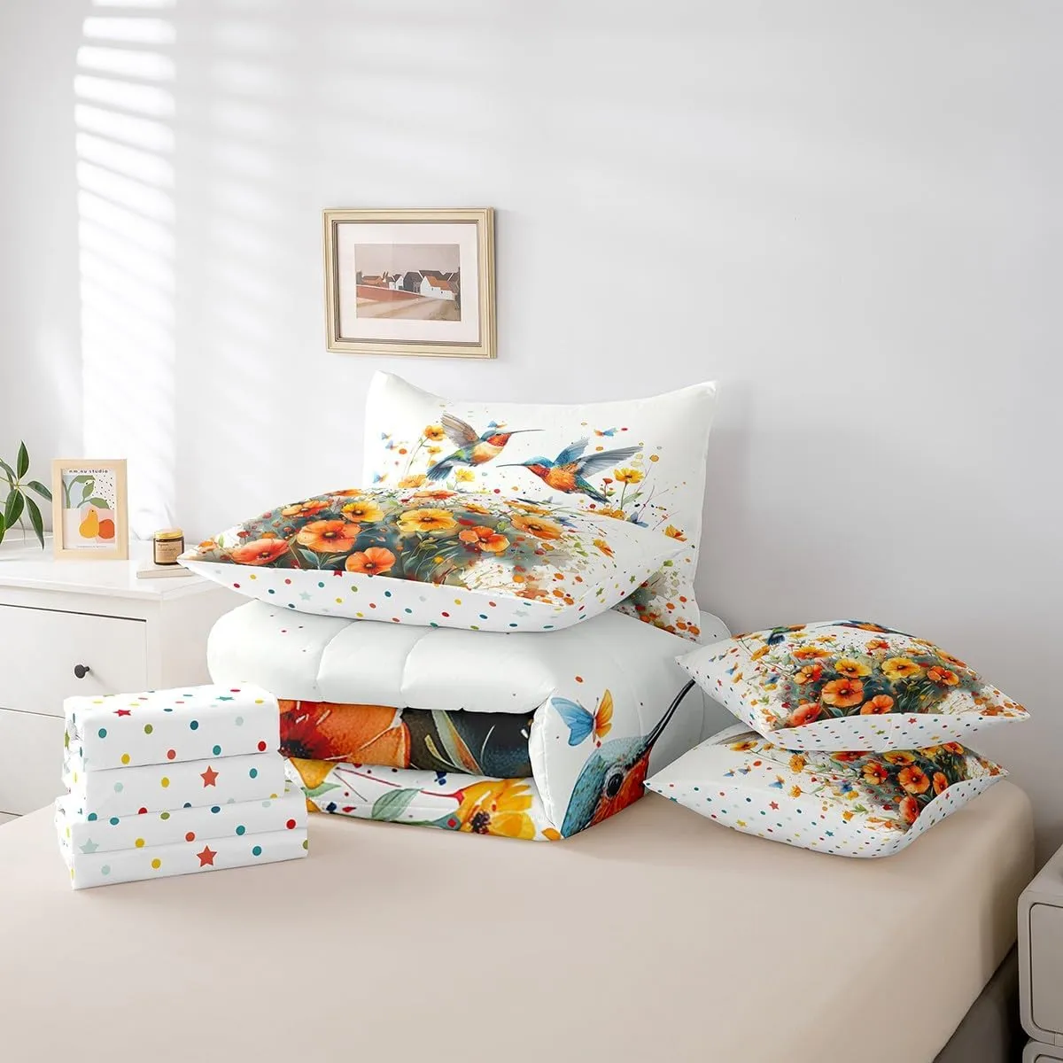 Hummingbird Flowers Comforter Set Full,Tropical Birds Bedding Set 7 Pieces Yellow Botanical Flowers Bed In A Bag for Kids Girls Women Adults Room,Rustic Boho Decor Sheet Set With Comforter
