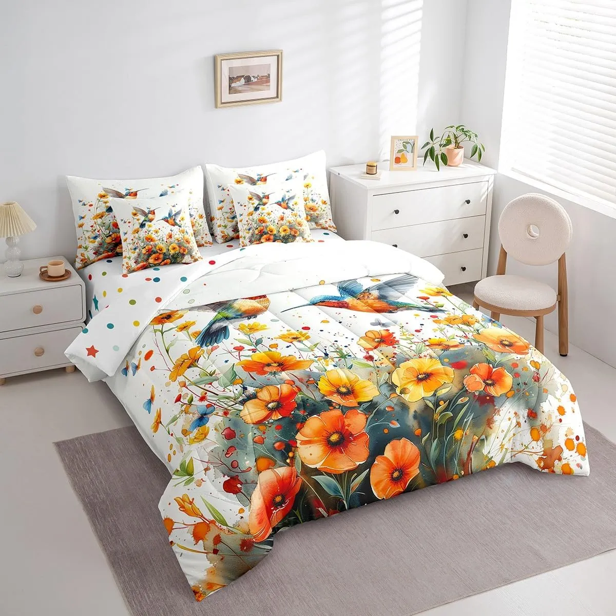 Hummingbird Flowers Comforter Set Full,Tropical Birds Bedding Set 7 Pieces Yellow Botanical Flowers Bed In A Bag for Kids Girls Women Adults Room,Rustic Boho Decor Sheet Set With Comforter