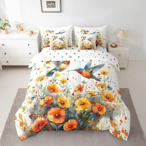Hummingbird Flowers Comforter Set Full,Tropical Birds Bedding Set 7 Pieces Yellow Botanical Flowers Bed In A Bag for Kids Girls Women Adults Room,Rustic Boho Decor Sheet Set With Comforter