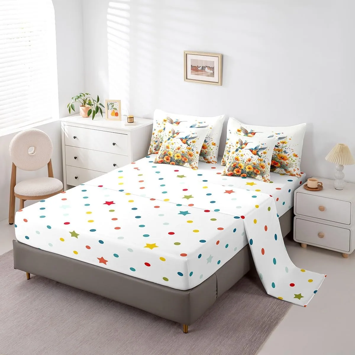 Hummingbird Flowers Comforter Set Full,Tropical Birds Bedding Set 7 Pieces Yellow Botanical Flowers Bed In A Bag for Kids Girls Women Adults Room,Rustic Boho Decor Sheet Set With Comforter
