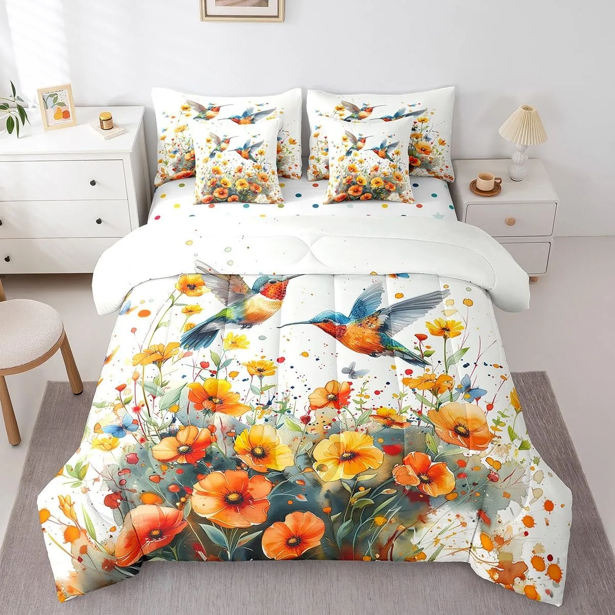 Hummingbird Flowers Comforter Set Full,Tropical Birds Bedding Set 7 Pieces Yellow Botanical Flowers Bed In A Bag for Kids Girls Women Adults Room,Rustic Boho Decor Sheet Set With Comforter