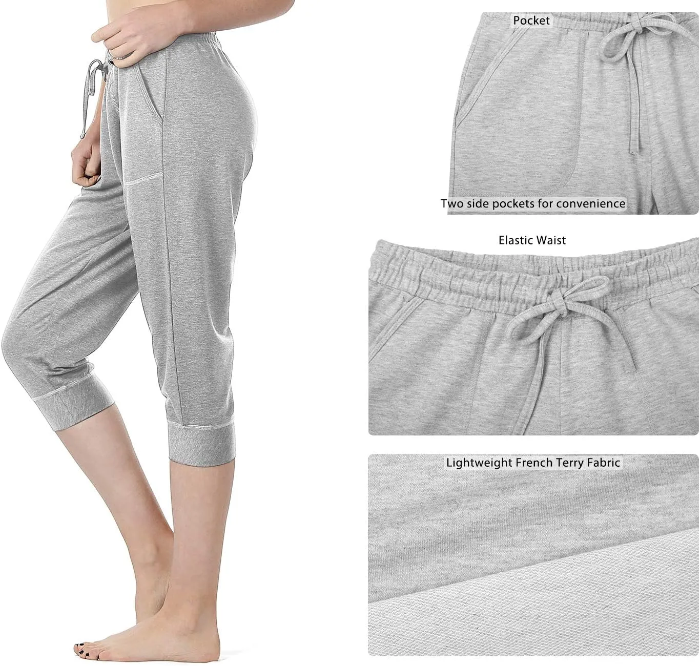 icyzone Women's French Terry Jogger Lounge Sweatpants - Active Capri Pants for Women