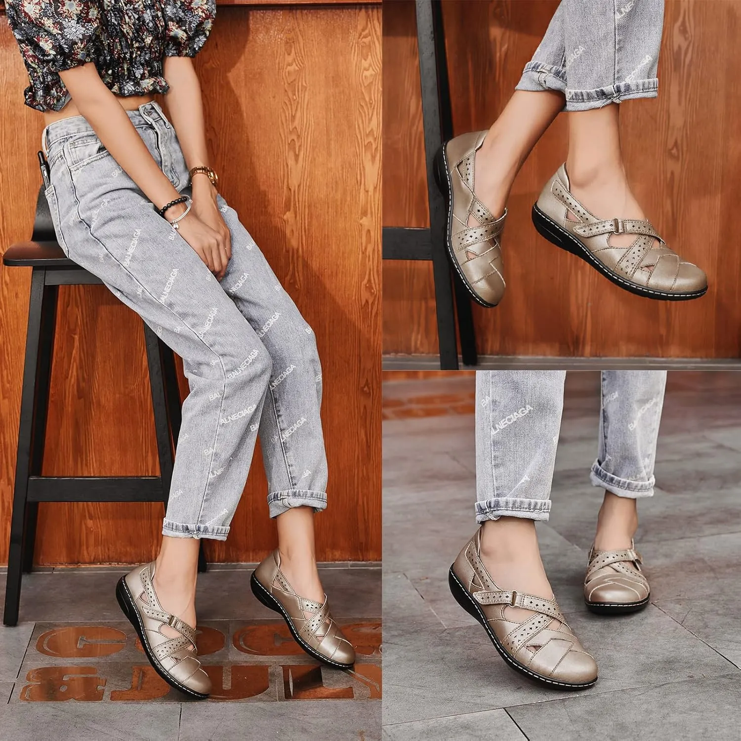 Irrefour Women's Classic Genuine Leather Casual Loafer Cute Slip-On Fashion Closed Toe Flat Sandal Comfy Work Sandal Everyday Walking Shoe