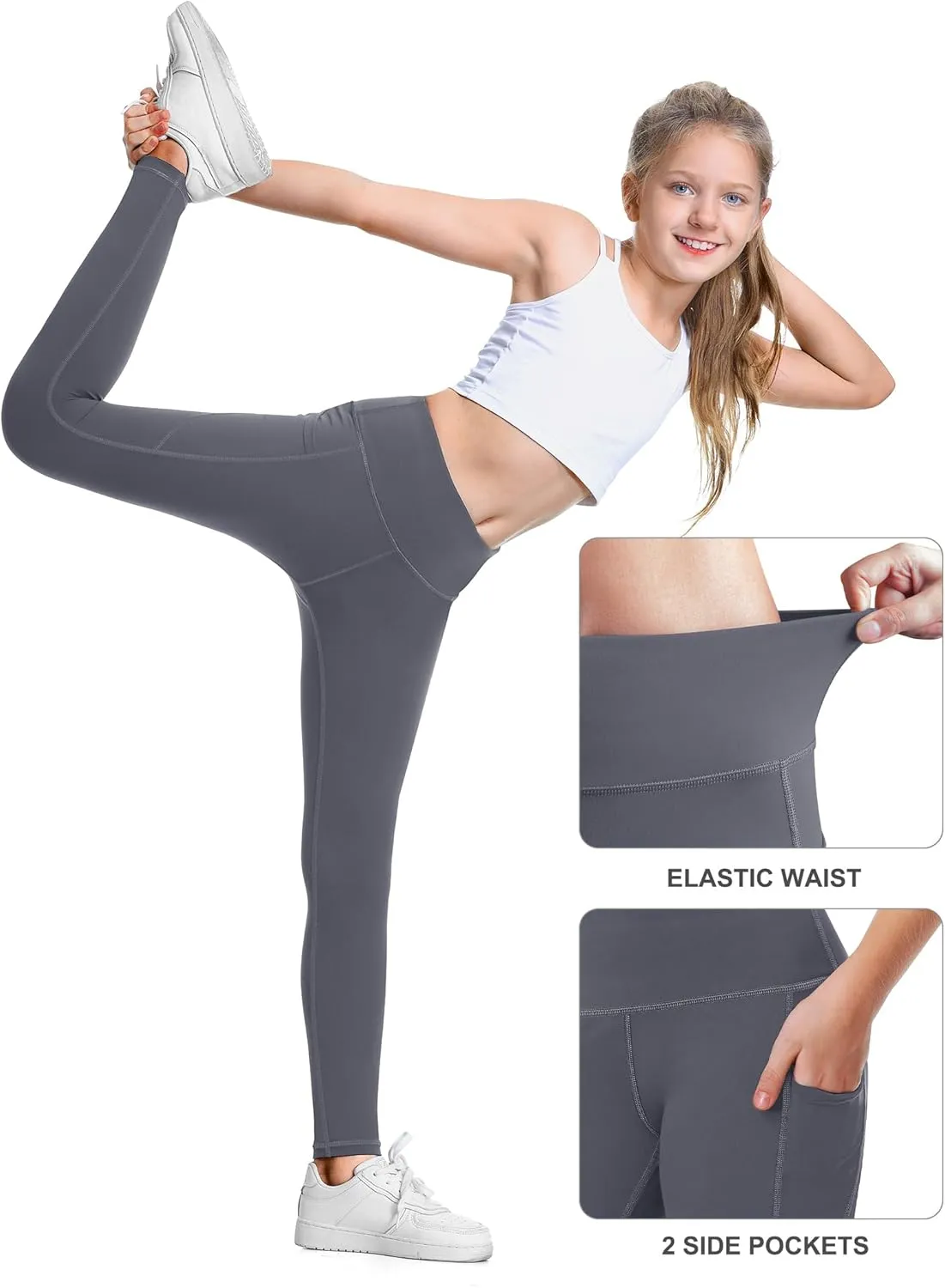 IUGA Girls Leggings with Pockets Dance Athletic Leggings for Girls Elastic Compression Kids Workout Leggings Running Yoga