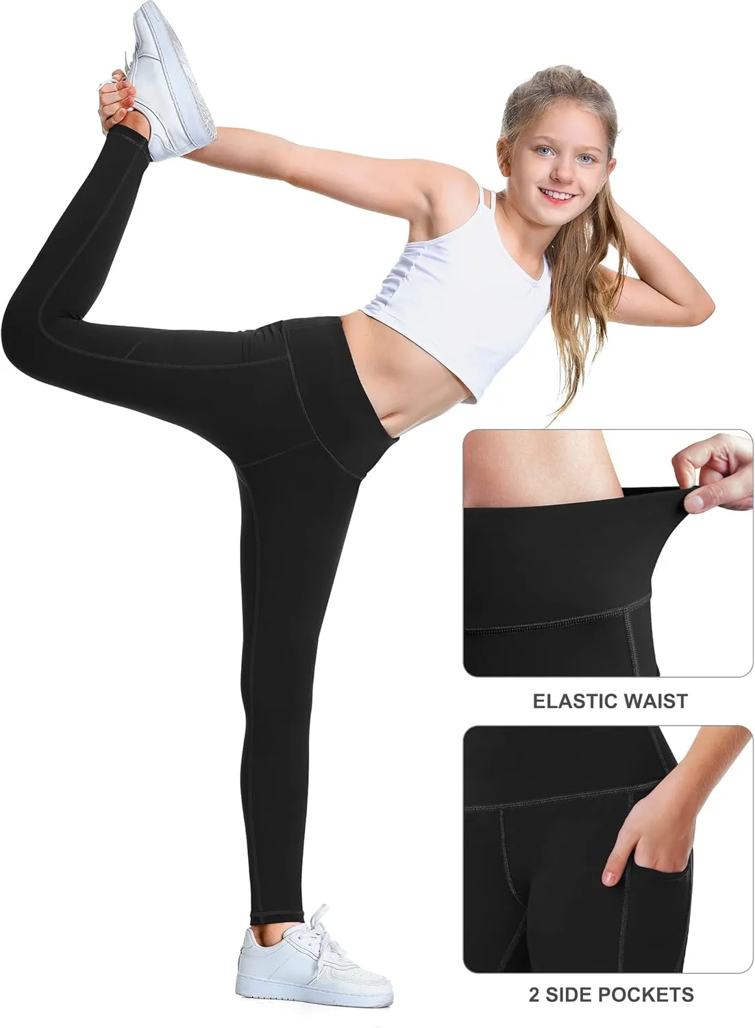 IUGA Girls Leggings with Pockets Dance Athletic Leggings for Girls Elastic Compression Kids Workout Leggings Running Yoga