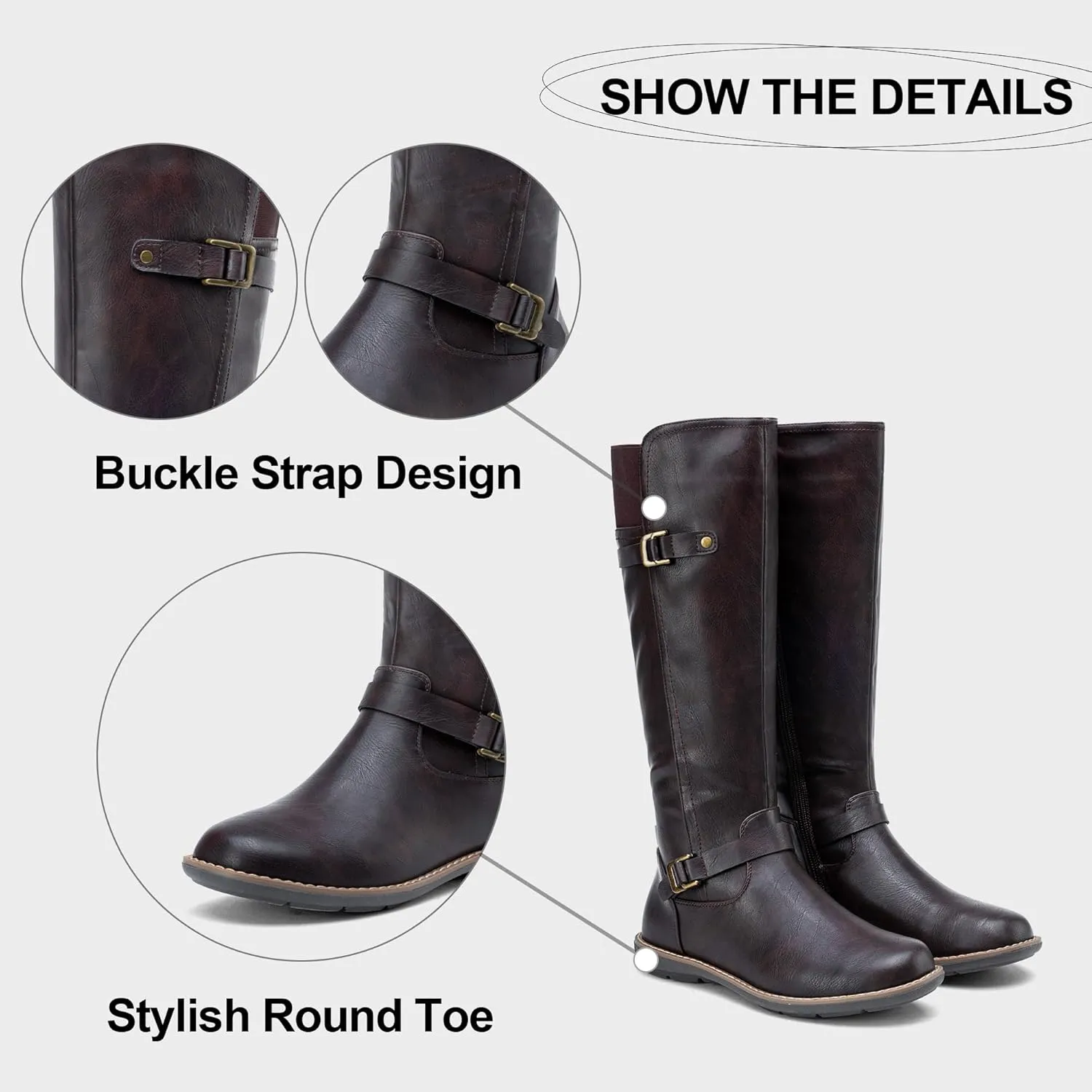 Jeossy Women's 9655 Knee High Boots Flat Riding Tall Boots with Buckle and Side Zipper