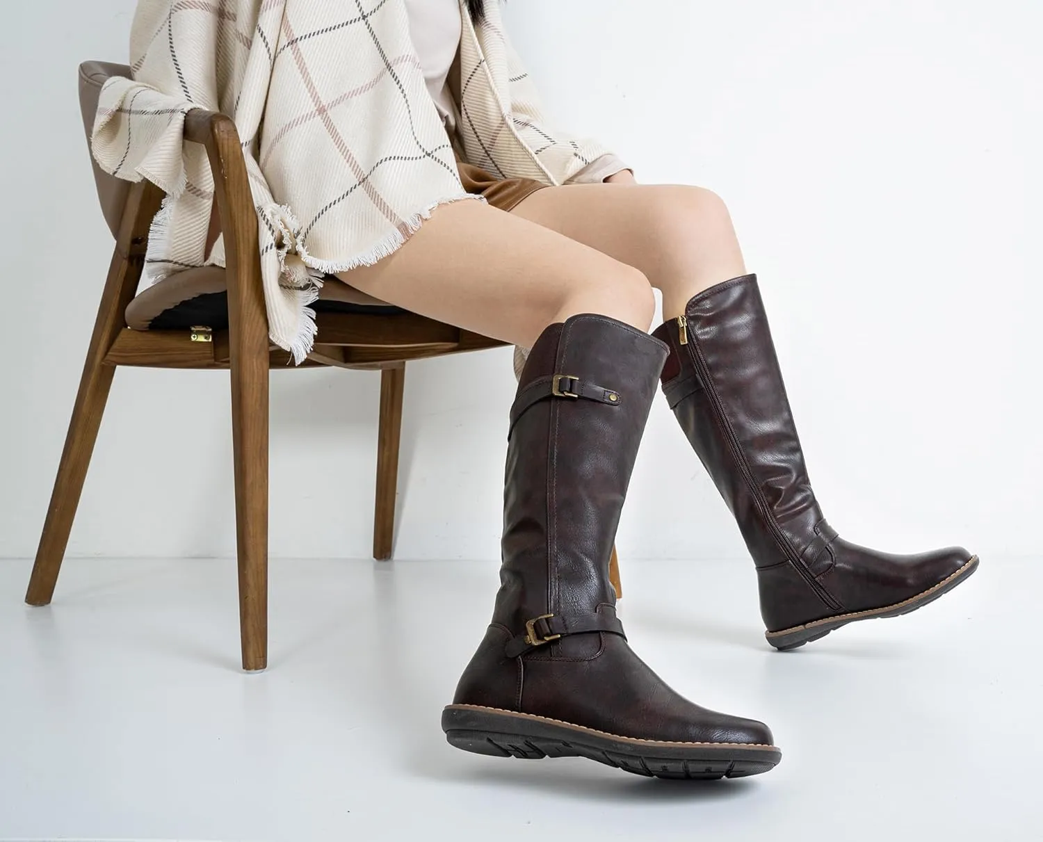Jeossy Women's 9655 Knee High Boots Flat Riding Tall Boots with Buckle and Side Zipper