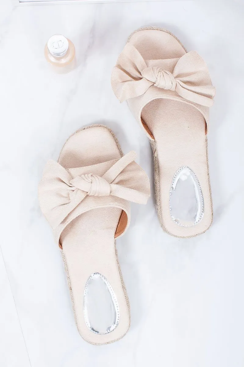 Jessica Cream Faux Suede Bow Detail Espadrille Mule Sandals