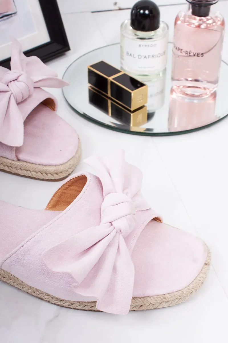 Jessica Pale Pink Faux Suede Bow Detail Espadrille Mule Sandals