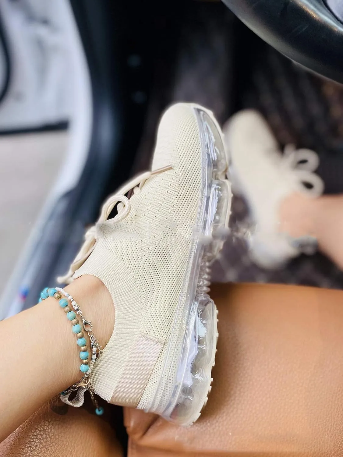 JITUUE Women's Fashion Sneakers Flying Woven Breathable Air Cushion Flat Sole Shoes Lace-up Decorative Elastic Slip-on