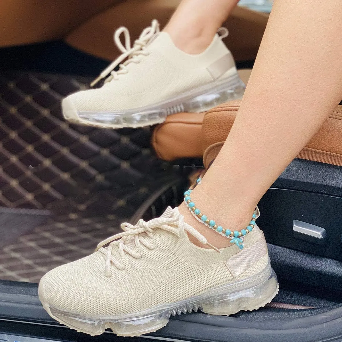 JITUUE Women's Fashion Sneakers Flying Woven Breathable Air Cushion Flat Sole Shoes Lace-up Decorative Elastic Slip-on