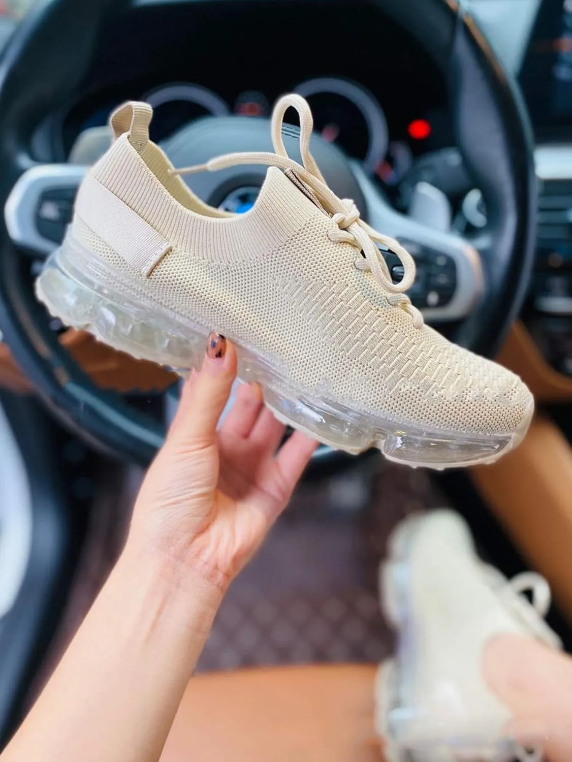 JITUUE Women's Fashion Sneakers Flying Woven Breathable Air Cushion Flat Sole Shoes Lace-up Decorative Elastic Slip-on