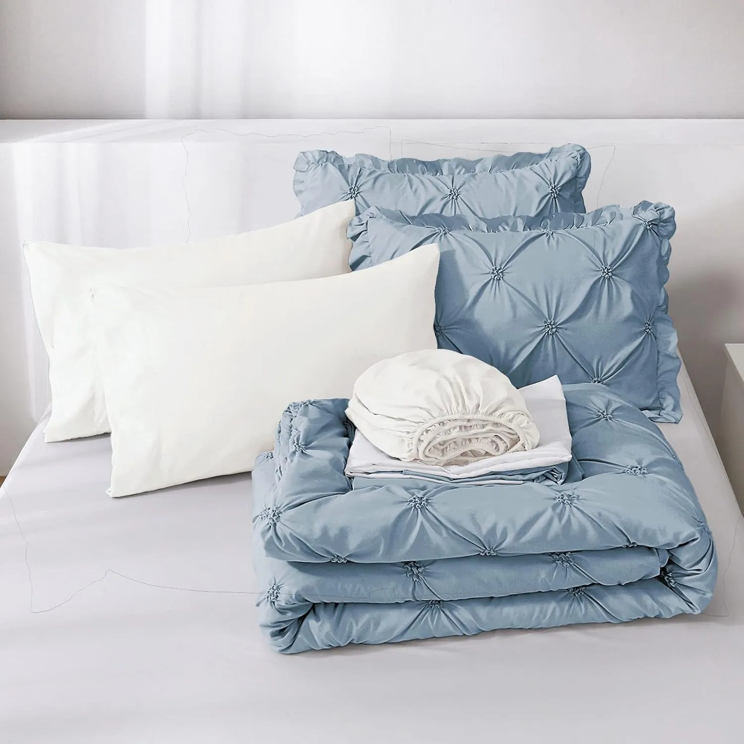 JOLLYVOGUE King Size Comforter Set 7 Pieces, Light Blue/Ivory Bed in a Bag Comforter Set for Bedroom, Beddding Sets with Comforter, Sheets,Ruffled Shams & Pillowcases