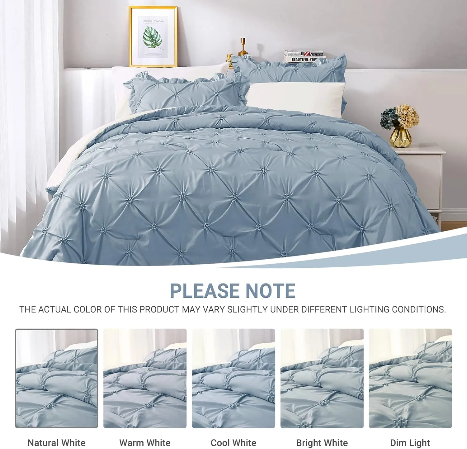 JOLLYVOGUE King Size Comforter Set 7 Pieces, Light Blue/Ivory Bed in a Bag Comforter Set for Bedroom, Beddding Sets with Comforter, Sheets,Ruffled Shams & Pillowcases