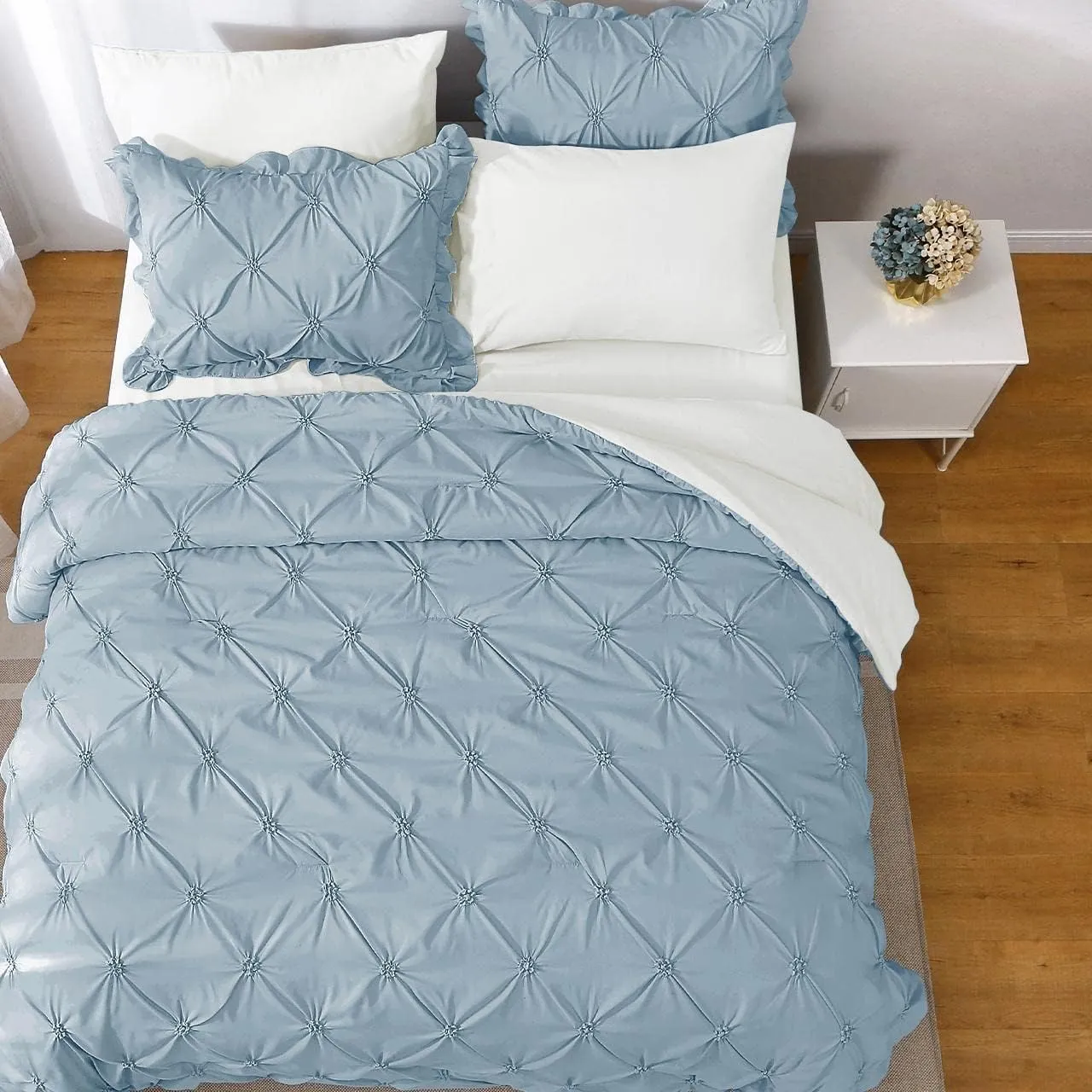 JOLLYVOGUE King Size Comforter Set 7 Pieces, Light Blue/Ivory Bed in a Bag Comforter Set for Bedroom, Beddding Sets with Comforter, Sheets,Ruffled Shams & Pillowcases