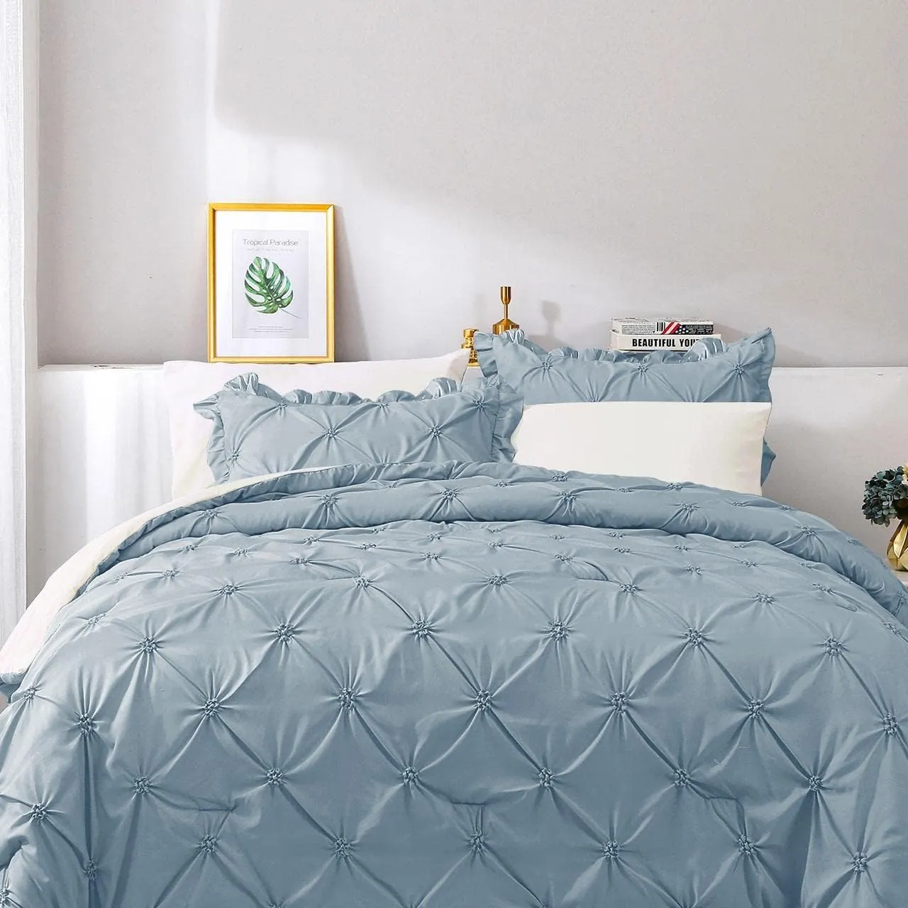 JOLLYVOGUE King Size Comforter Set 7 Pieces, Light Blue/Ivory Bed in a Bag Comforter Set for Bedroom, Beddding Sets with Comforter, Sheets,Ruffled Shams & Pillowcases