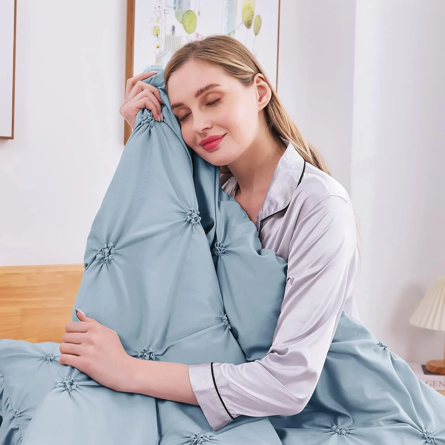 JOLLYVOGUE King Size Comforter Set 7 Pieces, Light Blue/Ivory Bed in a Bag Comforter Set for Bedroom, Beddding Sets with Comforter, Sheets,Ruffled Shams & Pillowcases