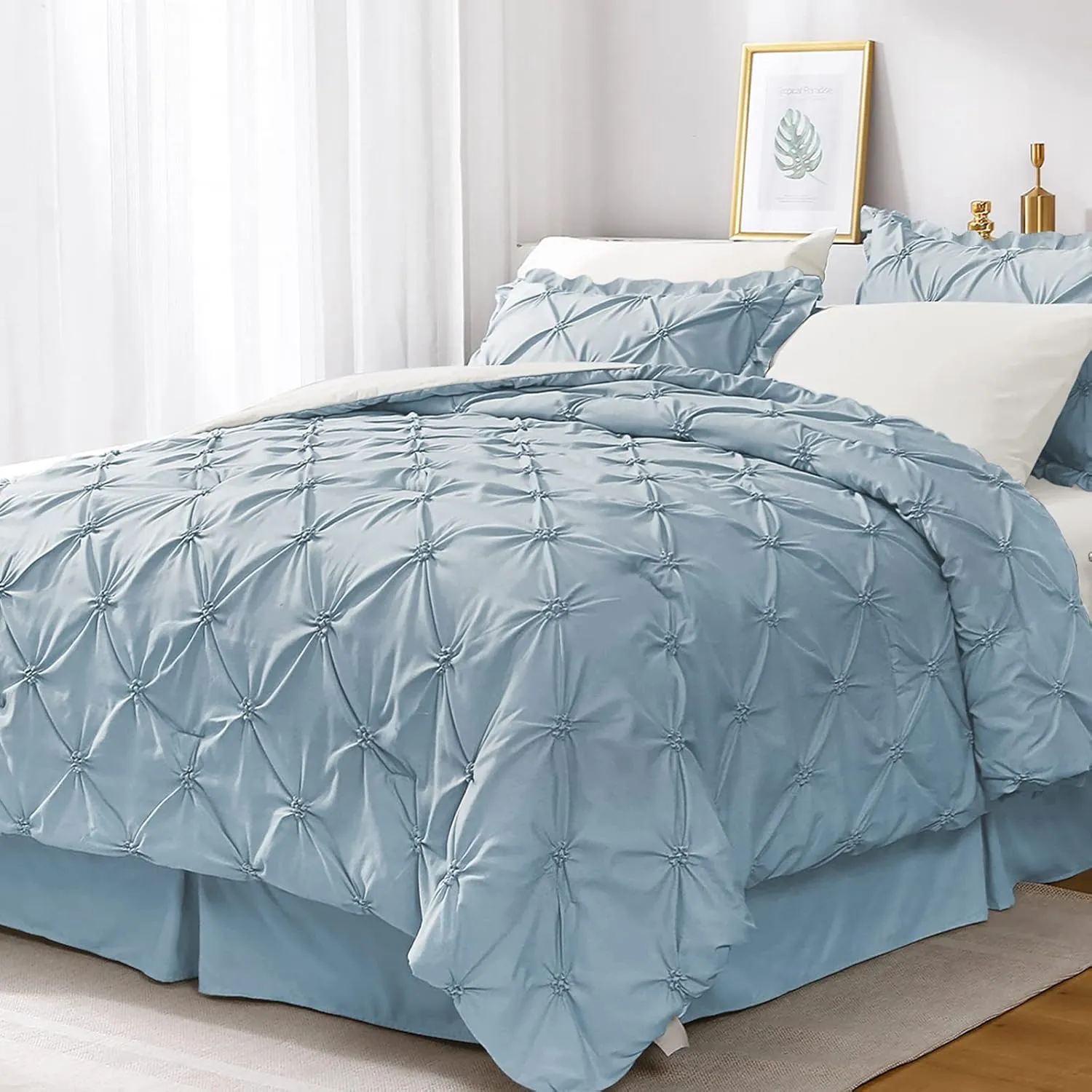JOLLYVOGUE King Size Comforter Set 7 Pieces, Light Blue/Ivory Bed in a Bag Comforter Set for Bedroom, Beddding Sets with Comforter, Sheets,Ruffled Shams & Pillowcases