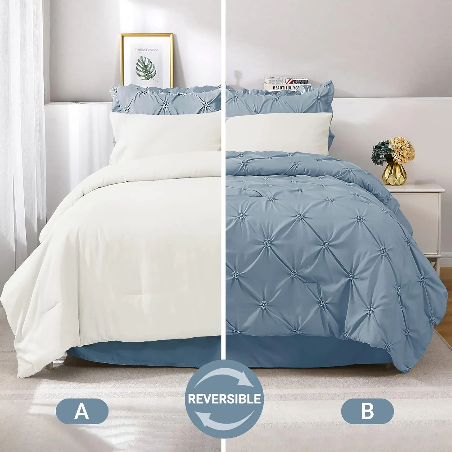 JOLLYVOGUE King Size Comforter Set 7 Pieces, Light Blue/Ivory Bed in a Bag Comforter Set for Bedroom, Beddding Sets with Comforter, Sheets,Ruffled Shams & Pillowcases