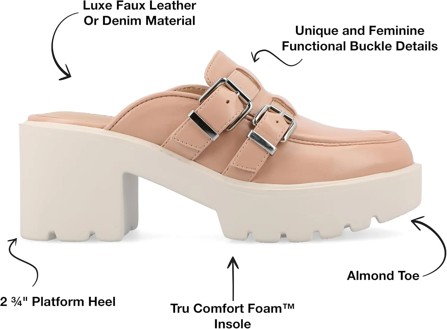 Journee Womens Light Weight Platform Mule Slip On Almond Toe Block Heel Buckle Brydie Comfort Foam Pumps