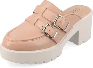 Journee Womens Light Weight Platform Mule Slip On Almond Toe Block Heel Buckle Brydie Comfort Foam Pumps