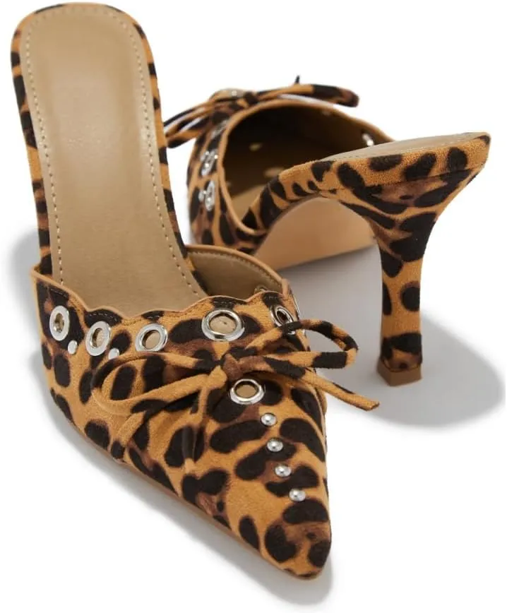 keleimusi Mid Heel Slip On Suede Pumps Studded Bow Heeled Mules Sandals Pointed Toe Shoes for Women