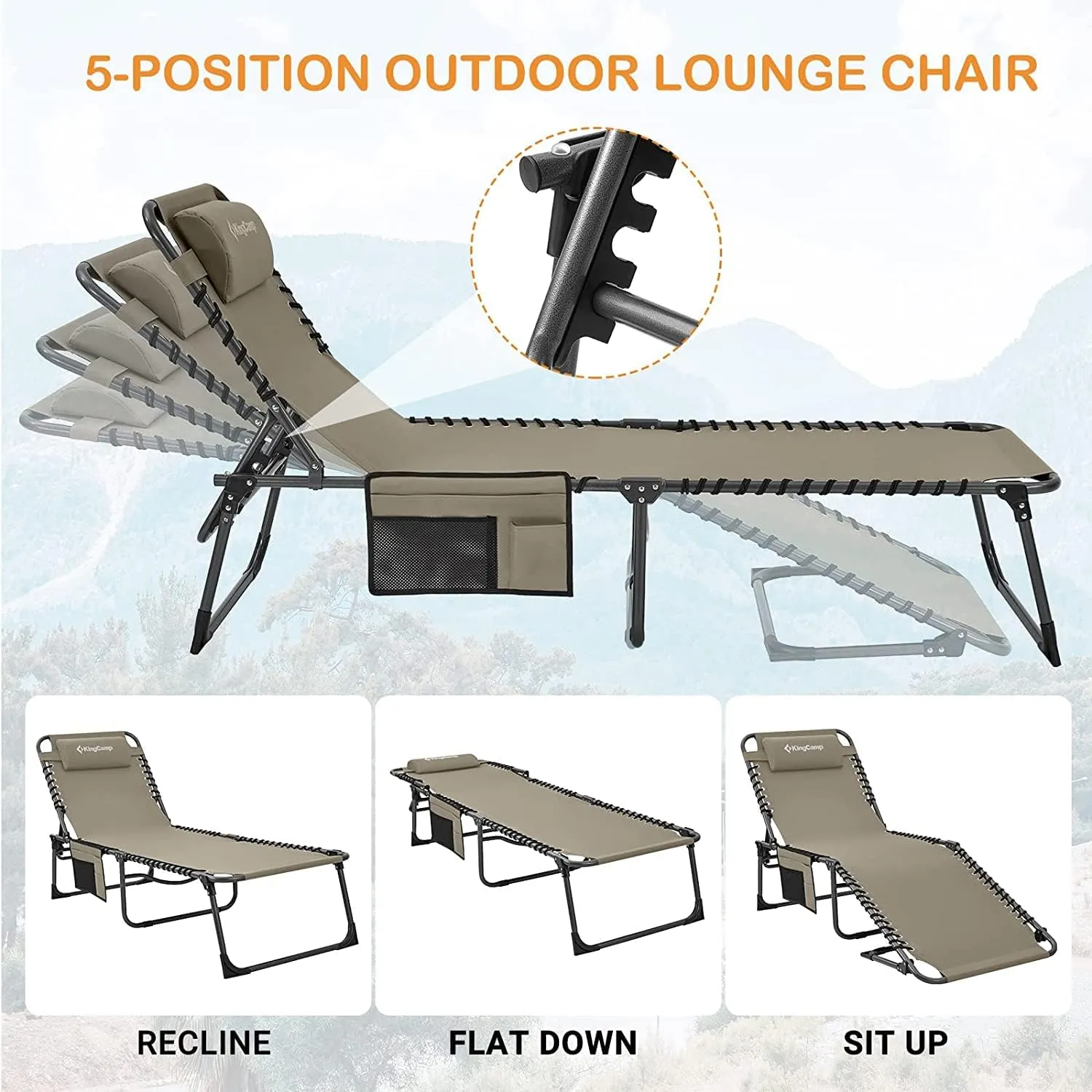 KingCamp Lounge Chair Outdoor, Folding Portable Tanning Chairs Comfy Adjustable 5-Position Lay Flat Foldable Chaise Chaser Lounger with Pillow for Outside Beach Patio Sun bathing Backyard Pool, Beige