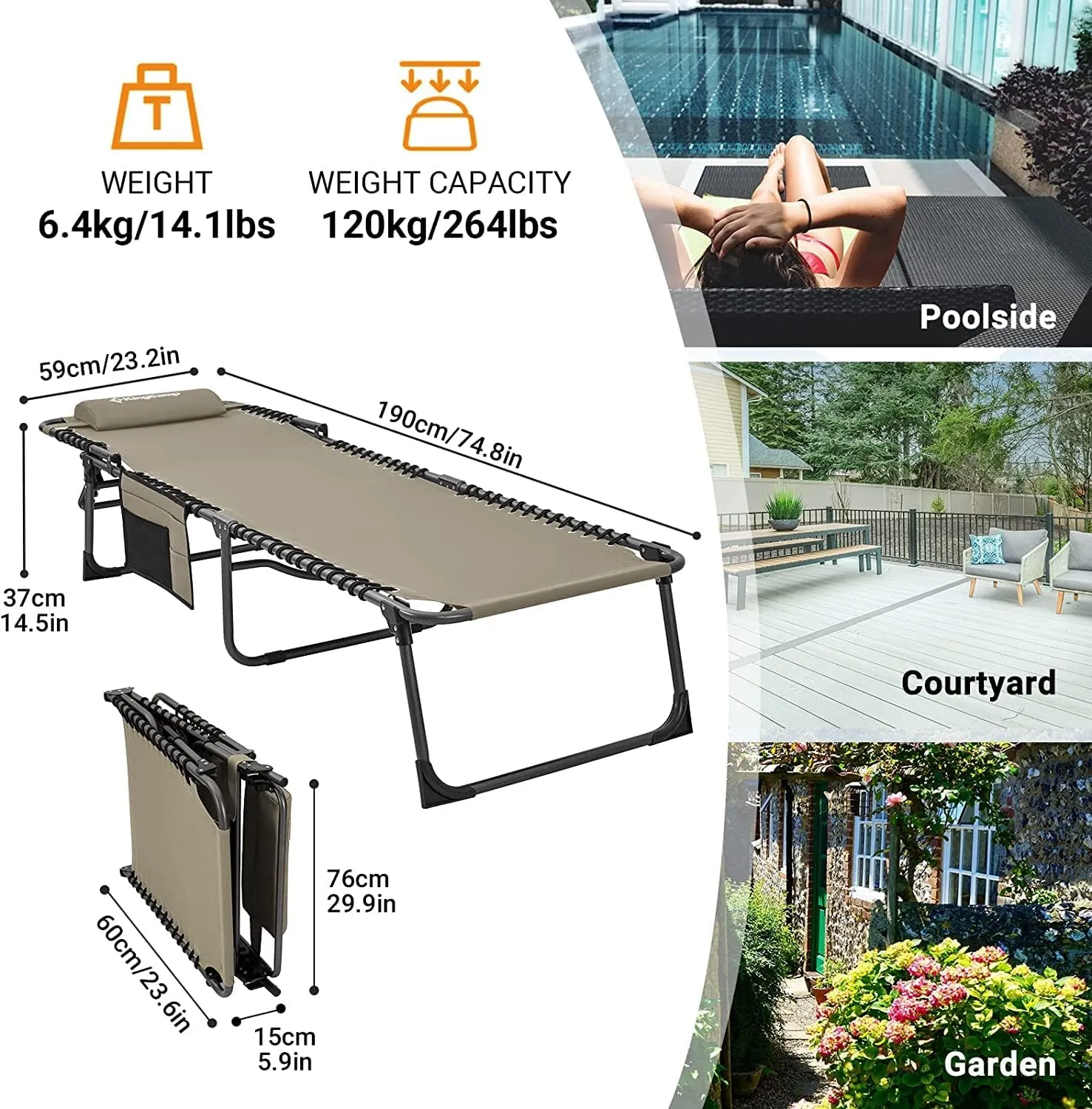 KingCamp Lounge Chair Outdoor, Folding Portable Tanning Chairs Comfy Adjustable 5-Position Lay Flat Foldable Chaise Chaser Lounger with Pillow for Outside Beach Patio Sun bathing Backyard Pool, Beige