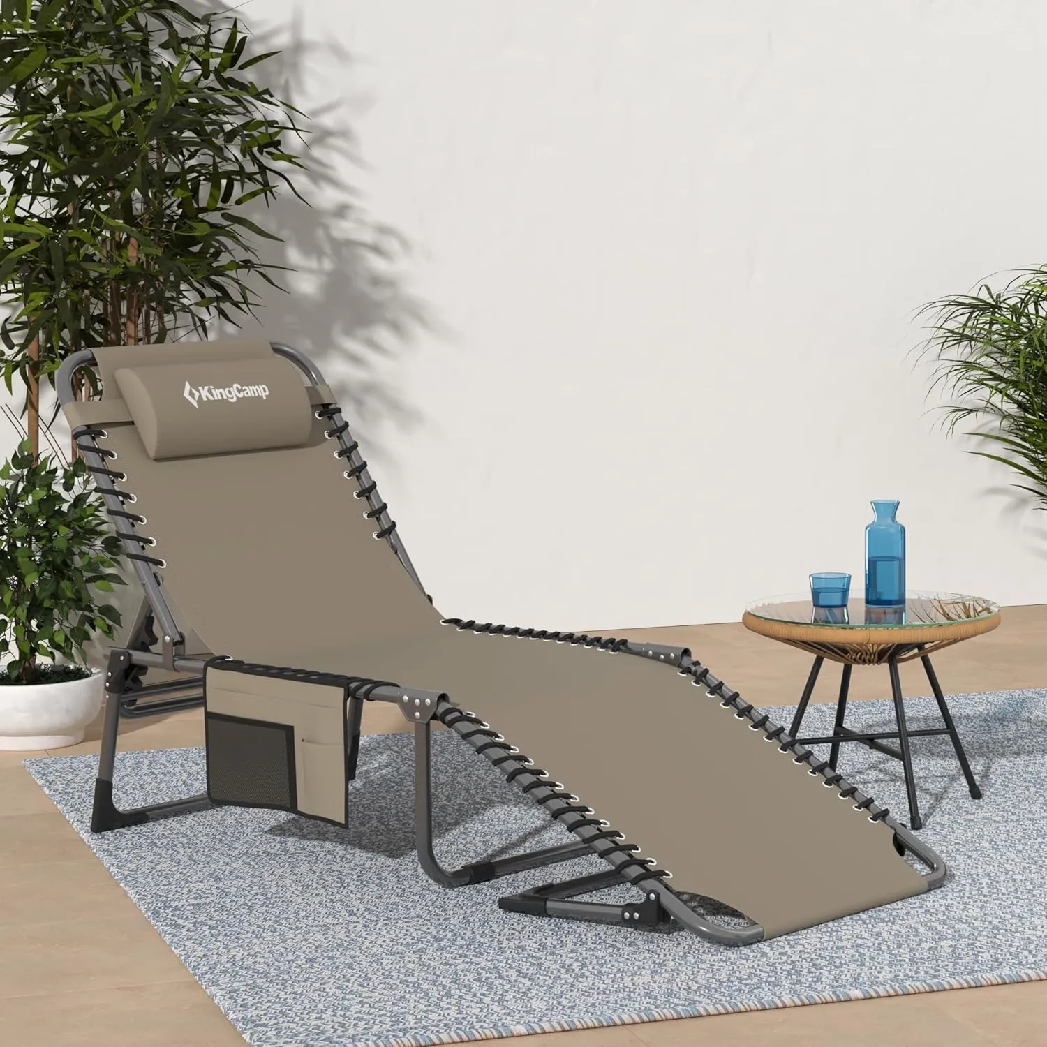 KingCamp Lounge Chair Outdoor, Folding Portable Tanning Chairs Comfy Adjustable 5-Position Lay Flat Foldable Chaise Chaser Lounger with Pillow for Outside Beach Patio Sun bathing Backyard Pool, Beige