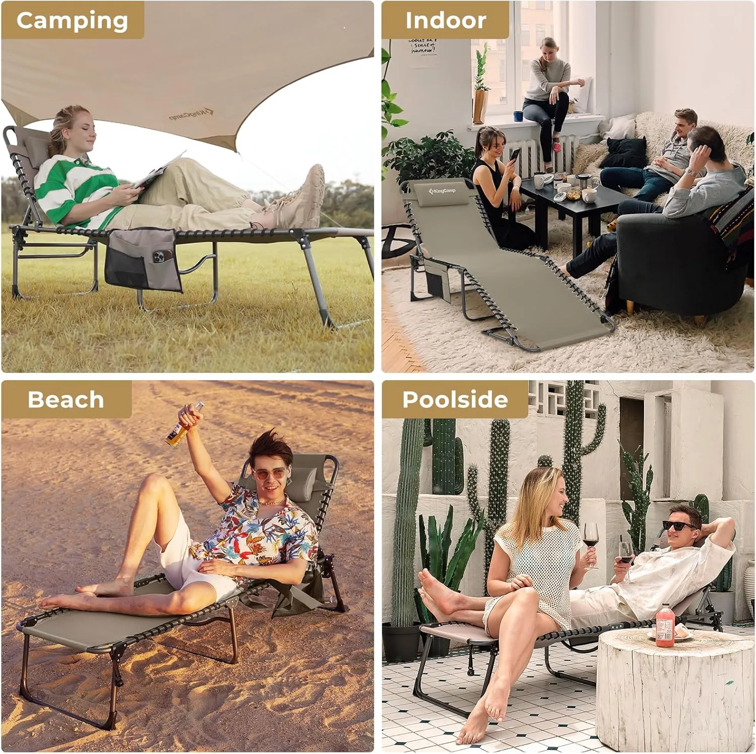 KingCamp Lounge Chair Outdoor, Folding Portable Tanning Chairs Comfy Adjustable 5-Position Lay Flat Foldable Chaise Chaser Lounger with Pillow for Outside Beach Patio Sun bathing Backyard Pool, Beige