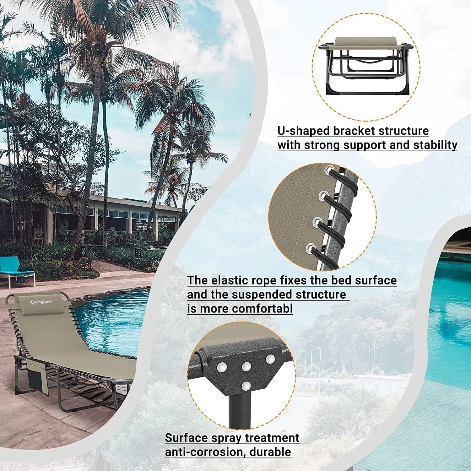 KingCamp Lounge Chair Outdoor, Folding Portable Tanning Chairs Comfy Adjustable 5-Position Lay Flat Foldable Chaise Chaser Lounger with Pillow for Outside Beach Patio Sun bathing Backyard Pool, Beige