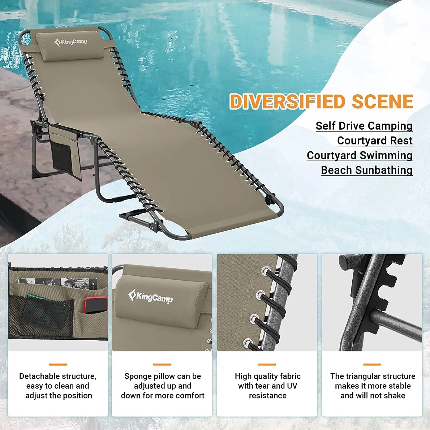 KingCamp Lounge Chair Outdoor, Folding Portable Tanning Chairs Comfy Adjustable 5-Position Lay Flat Foldable Chaise Chaser Lounger with Pillow for Outside Beach Patio Sun bathing Backyard Pool, Beige