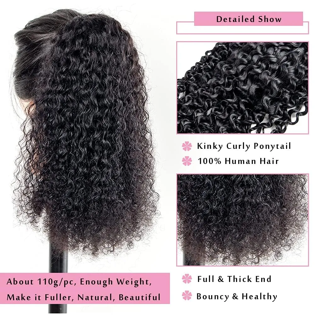 Kinky Curly Ponytail Extension Drawstring Human Hair Clip In Brazilian Virgin Human Hair Ponytails For Black Women Curly Wave Hair Pieces Natural Black (Kinky Curly Ponytail, 18 Inch)