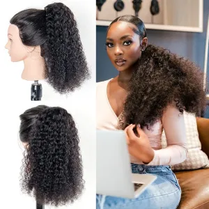 Kinky Curly Ponytail Extension Drawstring Human Hair Clip In Brazilian Virgin Human Hair Ponytails For Black Women Curly Wave Hair Pieces Natural Black (Kinky Curly Ponytail, 18 Inch)