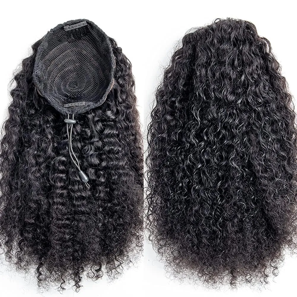 Kinky Curly Ponytail Extension Drawstring Human Hair Clip In Brazilian Virgin Human Hair Ponytails For Black Women Curly Wave Hair Pieces Natural Black (Kinky Curly Ponytail, 18 Inch)